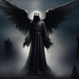 An evocative digital art image presents a night scene where a person meets their end at the hands of the Angel of Death