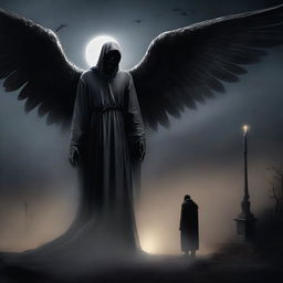 An evocative digital art image presents a night scene where a person meets their end at the hands of the Angel of Death