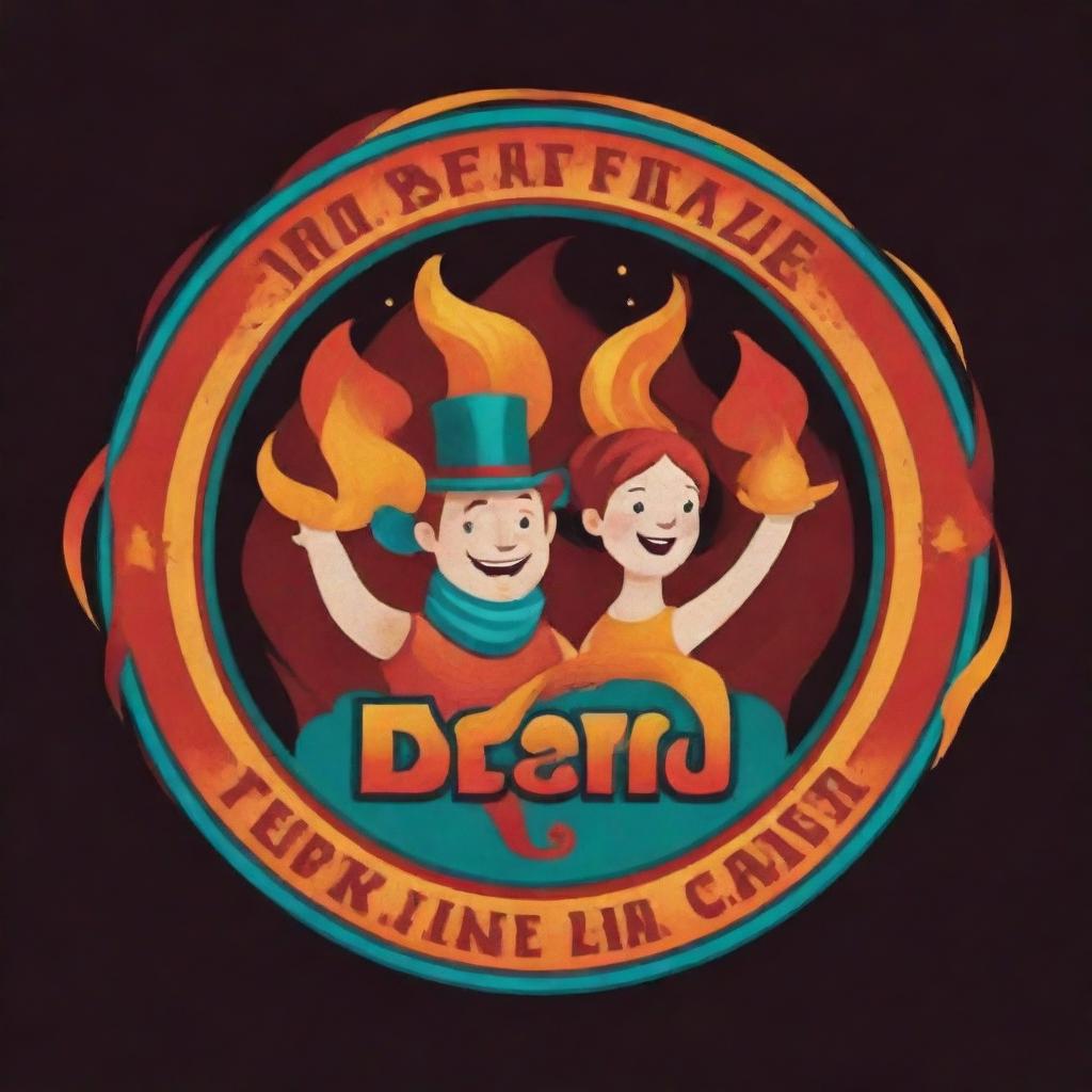 A vibrant and animated logo for 'Team Fire Player', incorporating elements of circus and art, embodying the theme of sharing happiness.