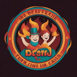 A vibrant and animated logo for 'Team Fire Player', incorporating elements of circus and art, embodying the theme of sharing happiness.