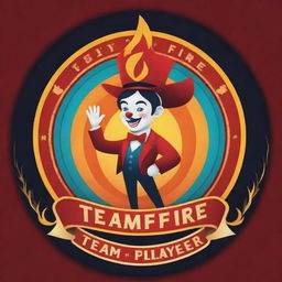 A vibrant and animated logo for 'Team Fire Player', incorporating elements of circus and art, embodying the theme of sharing happiness.