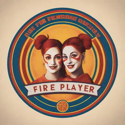 A vibrant and animated logo for 'Team Fire Player', incorporating elements of circus and art, embodying the theme of sharing happiness.