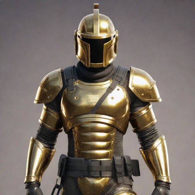 A PUBG Mobile character adorned in a shining golden armour with the name 'DUNCAN' boldly inscribed on it. The character is also wearing a matching golden helmet for a complete look.