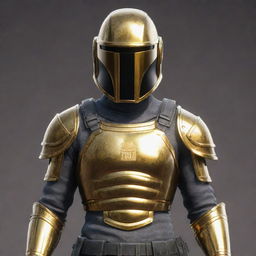 A PUBG Mobile character adorned in a shining golden armour with the name 'DUNCAN' boldly inscribed on it. The character is also wearing a matching golden helmet for a complete look.