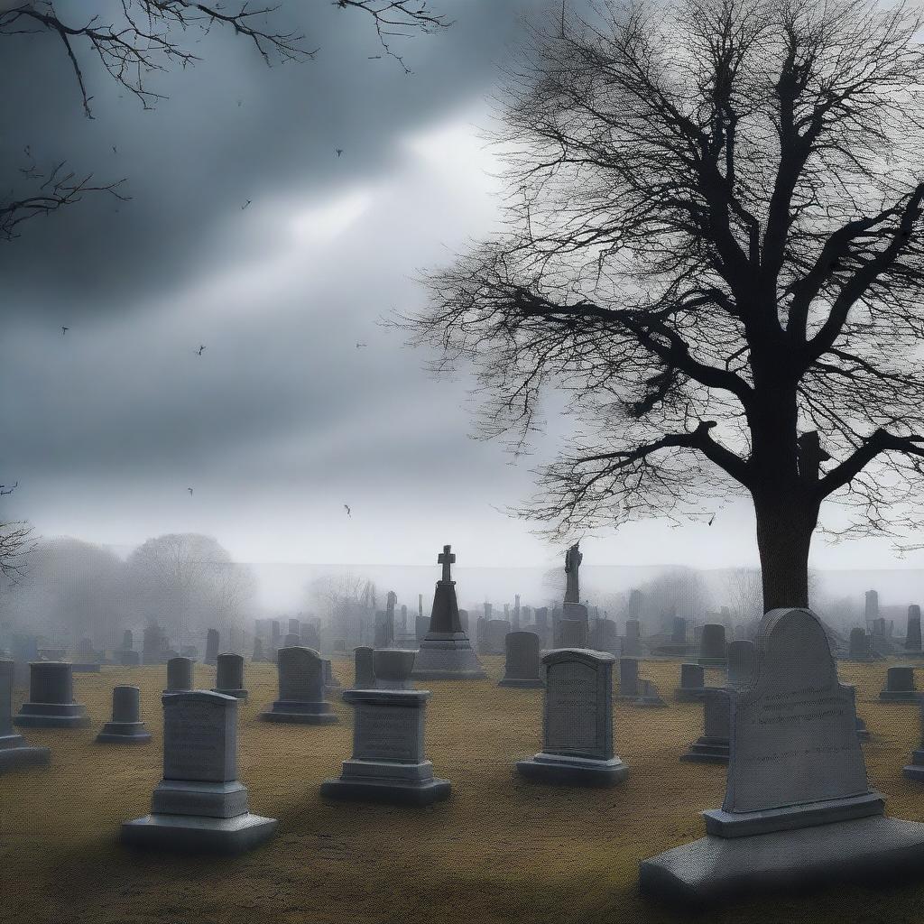 A digital art image portrays the solemn atmosphere of a graveyard