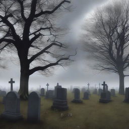 A digital art image portrays the solemn atmosphere of a graveyard