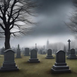 A digital art image portrays the solemn atmosphere of a graveyard