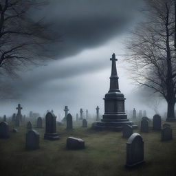 A digital art image portrays the solemn atmosphere of a graveyard