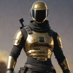 A PUBG Mobile character dressed in luminescent golden armour with the name 'DUNCAN' boldly etched in black. They are also donning a matching golden helmet.