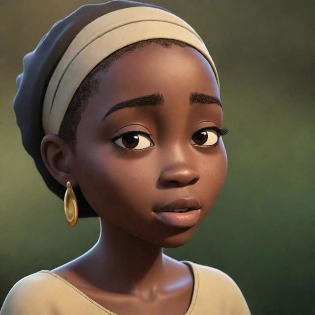 Generate an animated scene in an African tale cartoon where a character named Emily is depicted with tears, reflecting an emotive moment within the narrative.