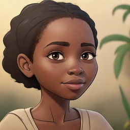 Generate an animated scene in an African tale cartoon where a character named Emily is depicted with tears, reflecting an emotive moment within the narrative.