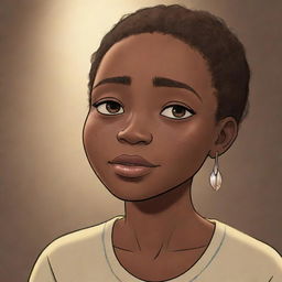 Generate an animated scene in an African tale cartoon where a character named Emily is depicted with tears, reflecting an emotive moment within the narrative.