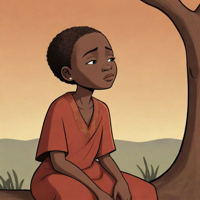 Illustrate an animated scene in an African tale cartoon, depicting a character named Nkdo experiencing a moment of sorrow with tears, intricately conveying a poignant part of the story.