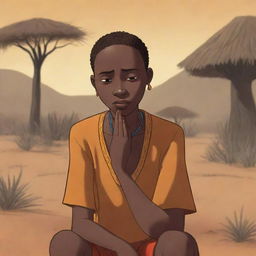 Illustrate an animated scene in an African tale cartoon, depicting a character named Nkdo experiencing a moment of sorrow with tears, intricately conveying a poignant part of the story.