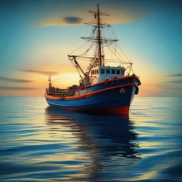 A highly detailed digital art piece where an oceanic panorama is graced by the presence of a fishing vessel