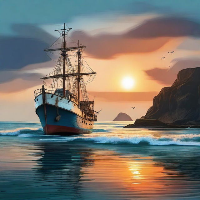 A highly detailed digital art piece where an oceanic panorama is graced by the presence of a fishing vessel