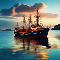 A highly detailed digital art piece where an oceanic panorama is graced by the presence of a fishing vessel