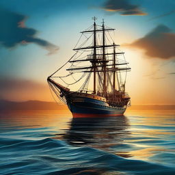 A highly detailed digital art piece where an oceanic panorama is graced by the presence of a fishing vessel