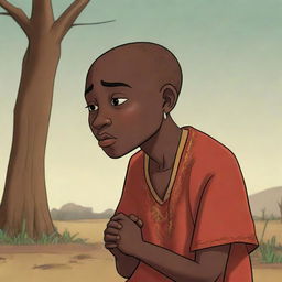 Illustrate an animated scene in an African tale cartoon, depicting a character named Nkdo experiencing a moment of sorrow with tears, intricately conveying a poignant part of the story.