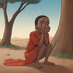 Illustrate an animated scene in an African tale cartoon, depicting a character named Nkdo experiencing a moment of sorrow with tears, intricately conveying a poignant part of the story.