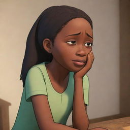 Craft an animated scene for an African tale cartoon, depicting Emily in a moment of sorrow, crying. The scene should resonate emotionally within the narrative context.