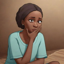 Craft an animated scene for an African tale cartoon, depicting Emily in a moment of sorrow, crying. The scene should resonate emotionally within the narrative context.