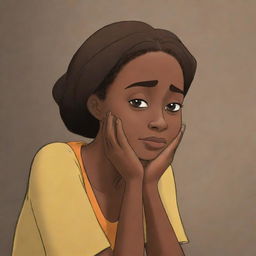 Craft an animated scene for an African tale cartoon, depicting Emily in a moment of sorrow, crying. The scene should resonate emotionally within the narrative context.