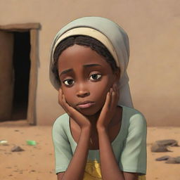 Craft an animated scene for an African tale cartoon, depicting Emily in a moment of sorrow, crying. The scene should resonate emotionally within the narrative context.