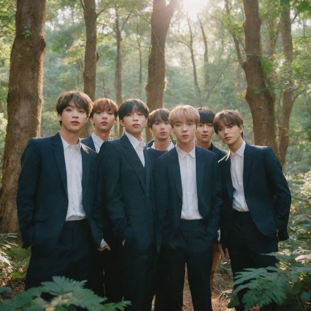 A realistic portrait of the K-pop band BTS surrounded by dense, lush forest under soft sunlight filtering through the tree canopy.