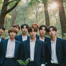 A realistic portrait of the K-pop band BTS surrounded by dense, lush forest under soft sunlight filtering through the tree canopy.