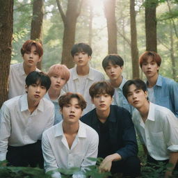 A realistic portrait of the K-pop band BTS surrounded by dense, lush forest under soft sunlight filtering through the tree canopy.