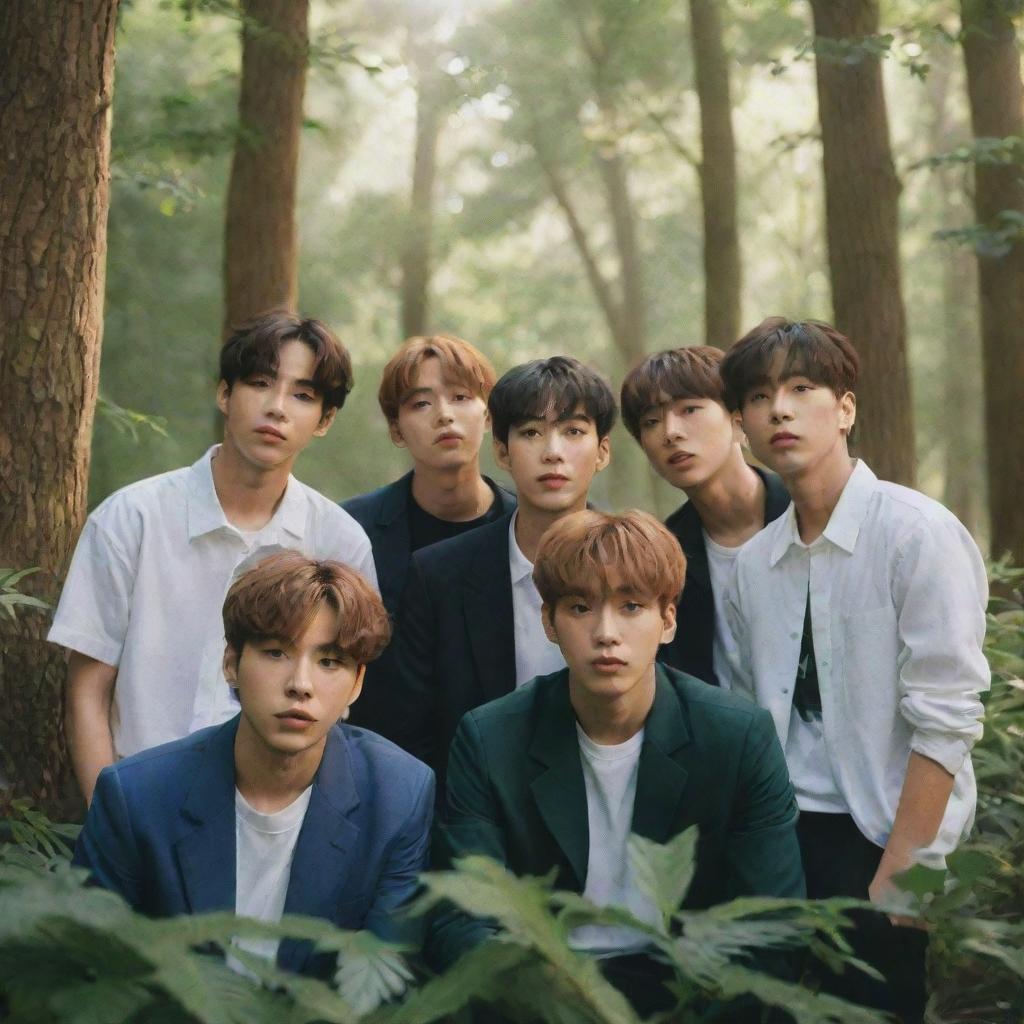 A realistic portrait of the K-pop band BTS surrounded by dense, lush forest under soft sunlight filtering through the tree canopy.