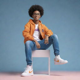 Generate a 3D illustration of an animated character wearing a jacket, jeans, and sneakers, seated casually atop the Instagram logo. The background should prominently display the name Usama and the Instagram logo.