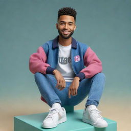 Generate a 3D illustration of an animated character wearing a jacket, jeans, and sneakers, seated casually atop the Instagram logo. The background should prominently display the name Usama and the Instagram logo.