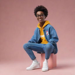 Generate a 3D illustration of an animated character wearing a jacket, jeans, and sneakers, seated casually atop the Instagram logo. The background should prominently display the name Usama and the Instagram logo.