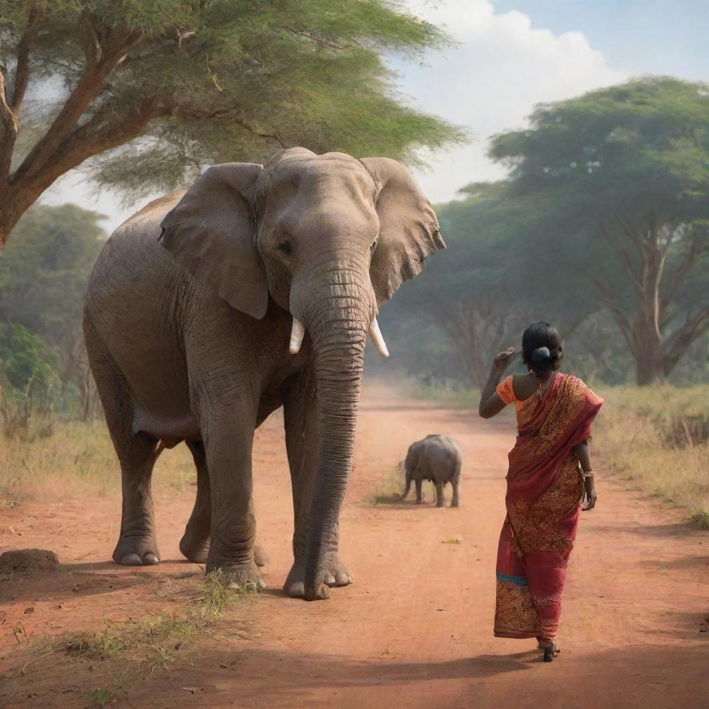 In an AI-generated scene, depict Malaika, the wise elephant, conveying a valuable lesson to the other animals during their journey, capturing her wisdom and the rapt attention of her listeners.