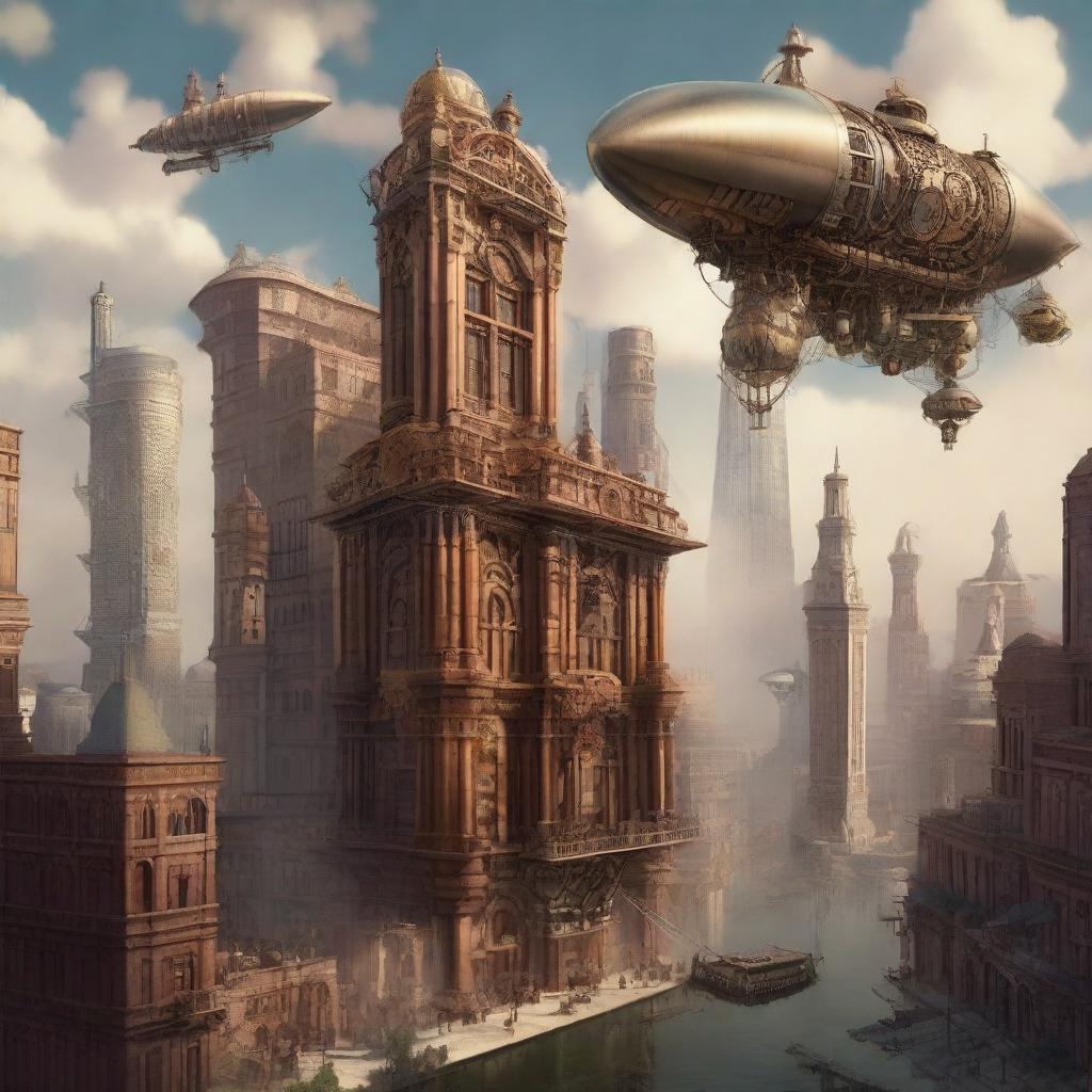 This is a high-quality digital art image depicting the city of Houston reimagined in a steampunk style