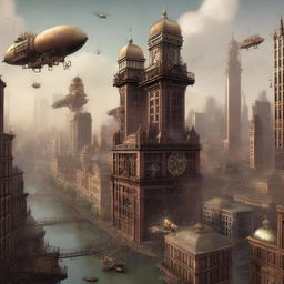 This is a high-quality digital art image depicting the city of Houston reimagined in a steampunk style