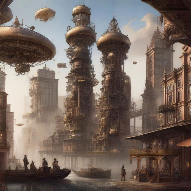 This is a high-quality digital art image depicting the city of Houston reimagined in a steampunk style