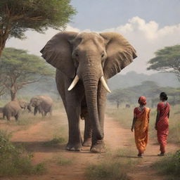 In an AI-generated scene, depict Malaika, the wise elephant, conveying a valuable lesson to the other animals during their journey, capturing her wisdom and the rapt attention of her listeners.