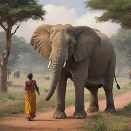 In an AI-generated scene, depict Malaika, the wise elephant, conveying a valuable lesson to the other animals during their journey, capturing her wisdom and the rapt attention of her listeners.