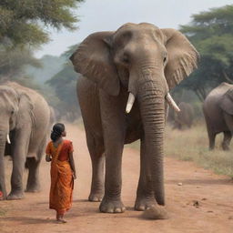 In an AI-generated scene, depict Malaika, the wise elephant, conveying a valuable lesson to the other animals during their journey, capturing her wisdom and the rapt attention of her listeners.