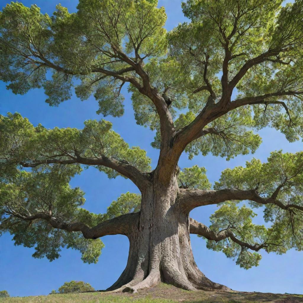 A mature, majestic tree with a wide canopy, radiant leaves, and a sturdy, textured bark set against a clear blue sky.