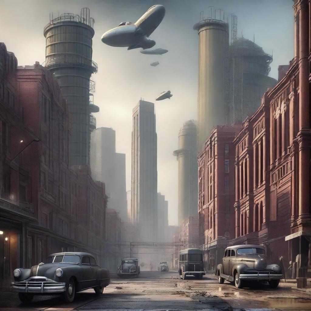 This high-quality digital art image portrays the city of Houston, Texas, reimagined in a dieselpunk aesthetic