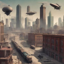 This high-quality digital art image portrays the city of Houston, Texas, reimagined in a dieselpunk aesthetic