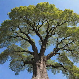 A mature, majestic tree with a wide canopy, radiant leaves, and a sturdy, textured bark set against a clear blue sky.