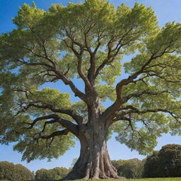 A mature, majestic tree with a wide canopy, radiant leaves, and a sturdy, textured bark set against a clear blue sky.