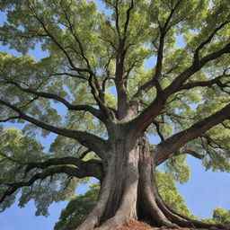 A mature, majestic tree with a wide canopy, radiant leaves, and a sturdy, textured bark set against a clear blue sky.