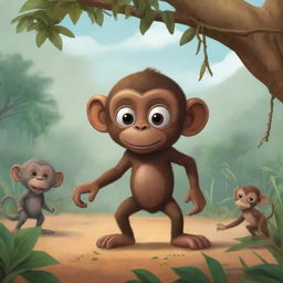 Generate a playful scenario in an African tale AI illustration, where Kwame, a mischievous monkey, employs his clever antics to aid the animals in overcoming a challenge.