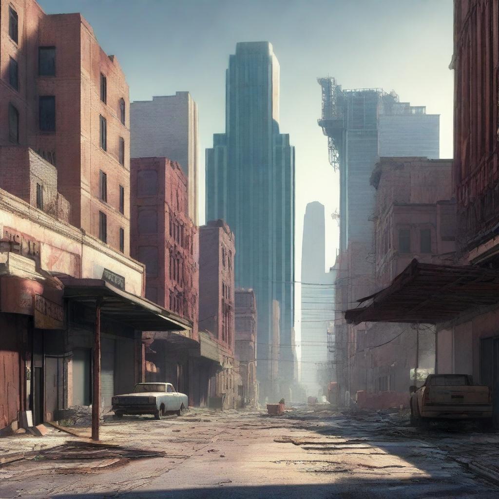 This is a high-quality digital art image depicting the city of Houston, Texas, as it might appear in the Fallout video game universe